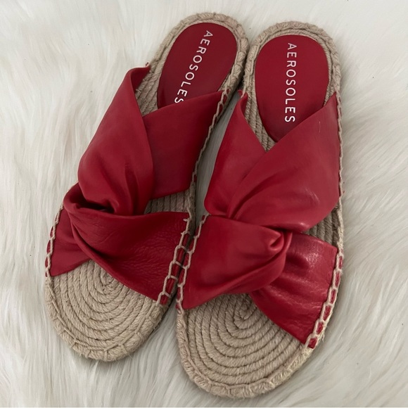 AEROSOLES Shoes - Aerosoles Paramus Red Leather Flat Slide Espadrille Sandals Size 8